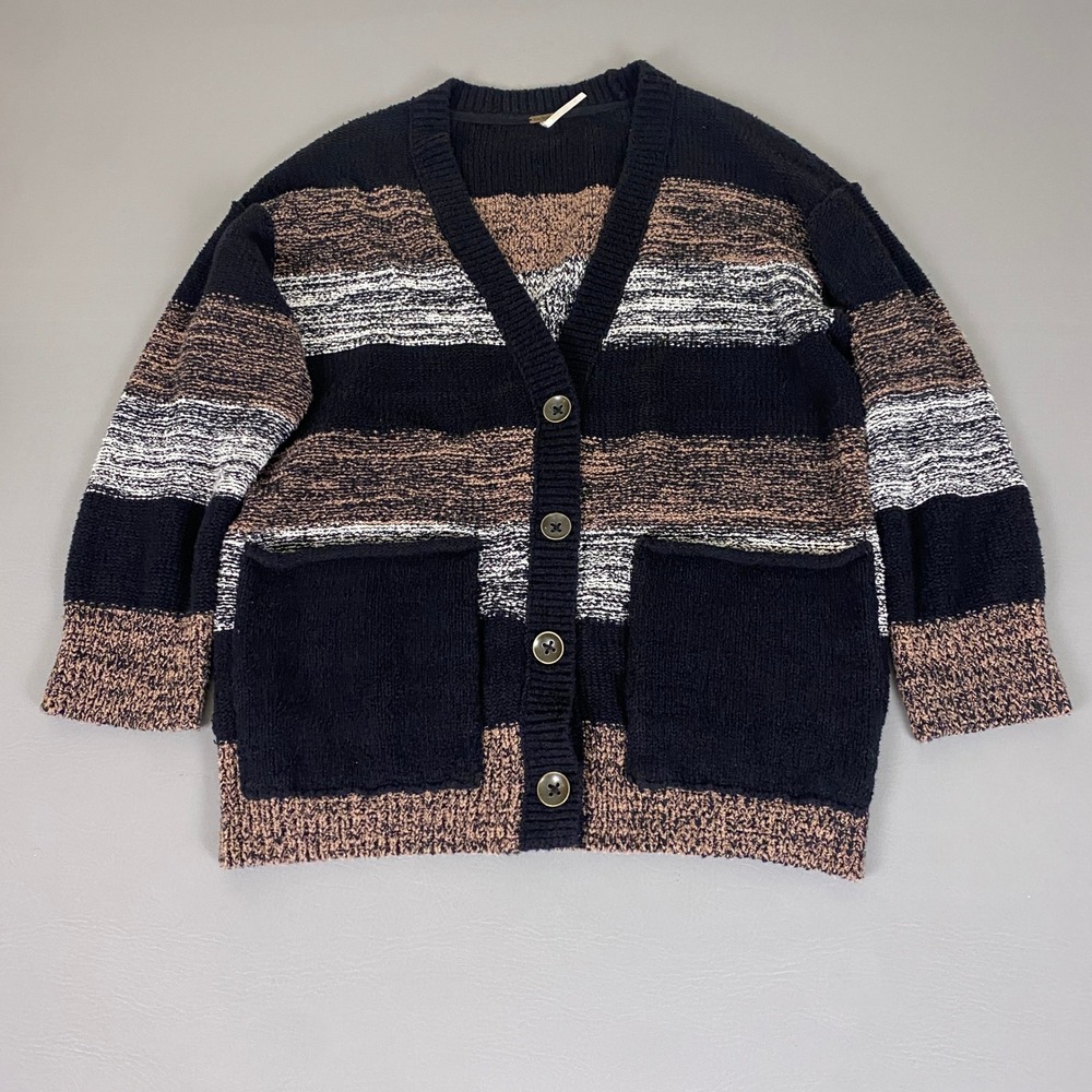 Free People Cardigan Sweater Small Striped Oversized Black Brown V-Neck *Flaw*